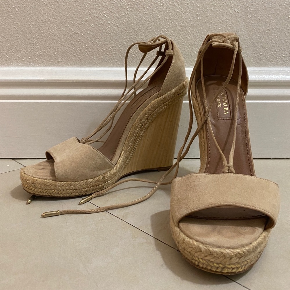 Aquazzura Nude Suede Wood Wedges